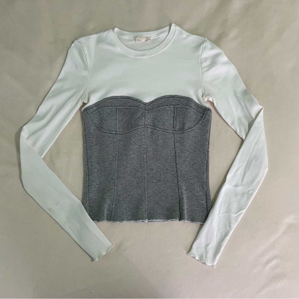 Zara Blouse Corset Bustier Long Sleeve Top White & Gray Size S